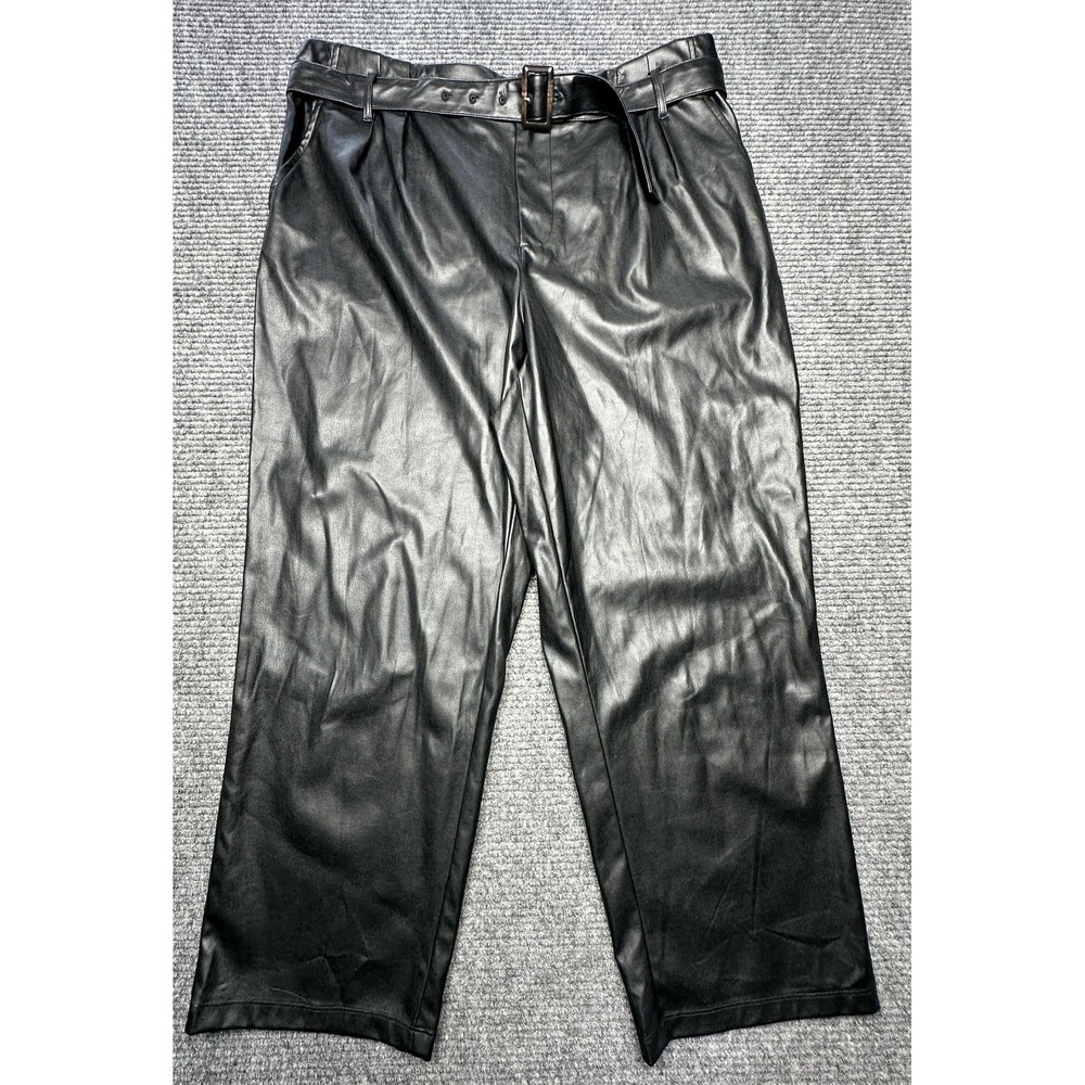 Who What Wear Pants Womens 16 Black Faux Leather Belted Pleated Cropped Wide Leg